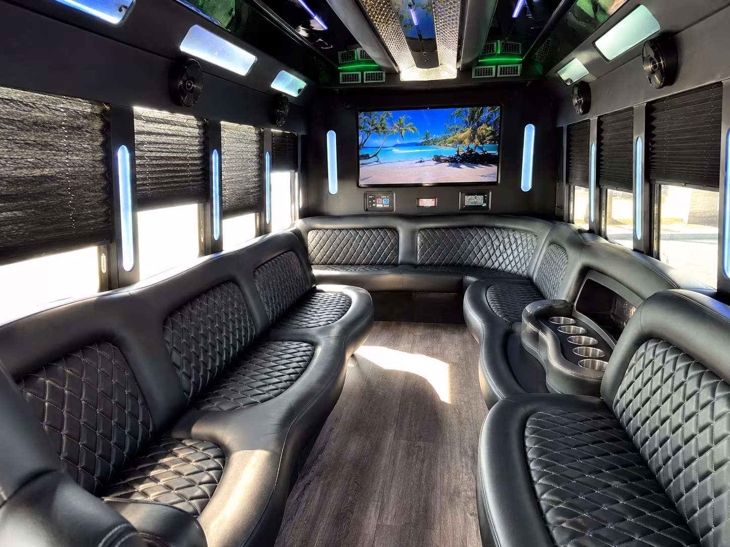 Passenger watching the Irving scenery during a regional party bus road trip