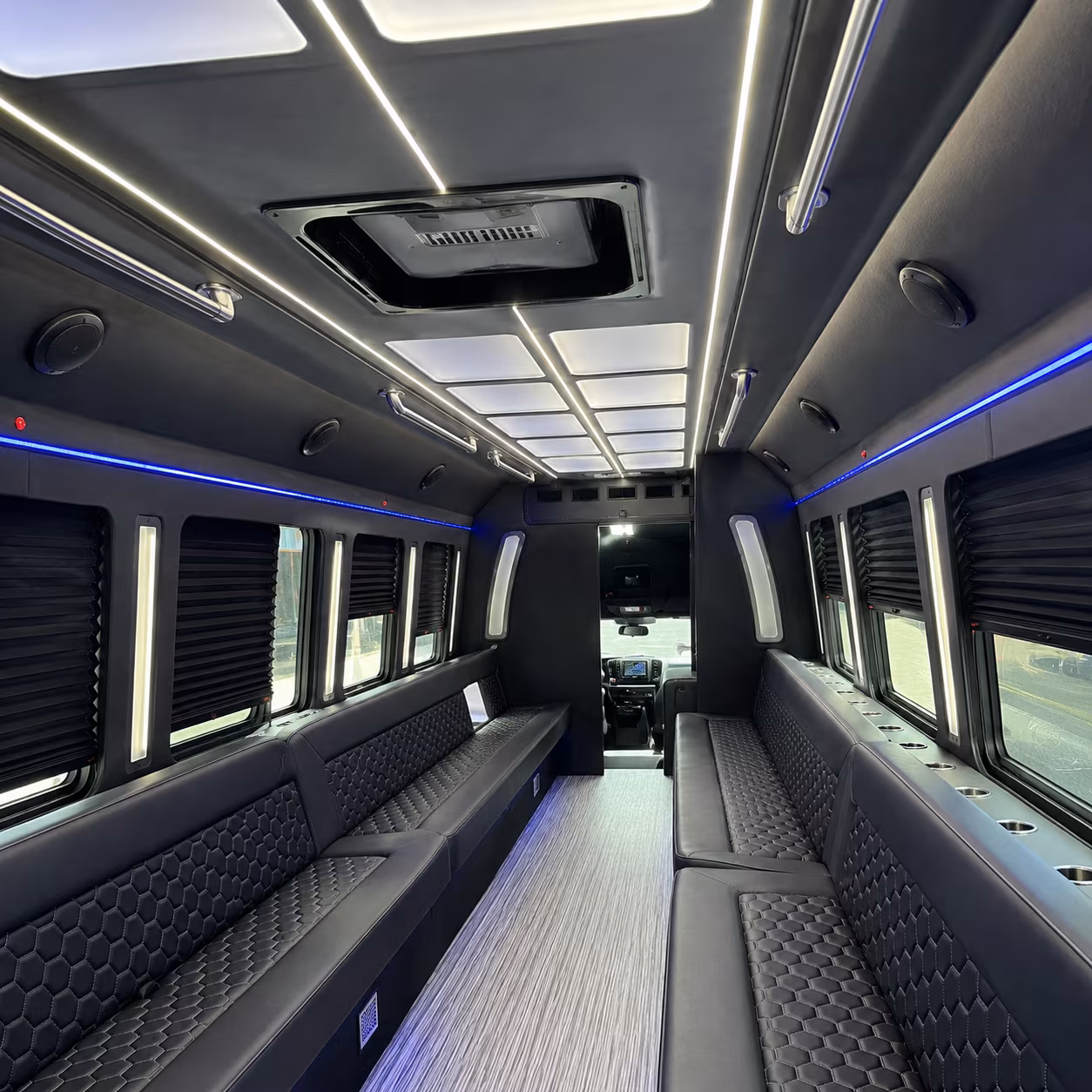 Interior of a party bus rental serving Irving